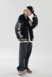 2024秋嘻哈棒球服皮袖子男女街头宽松拼接夹克外套102B-W173P68，男装夹克，星座102B