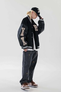2024秋嘻哈棒球服皮袖子男女街头宽松拼接夹克外套102B-W173P68图片