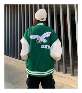 绿色棒球服男女街头PU袖子拼接夹克字母刺绣毛呢外套102B-W172P78图片