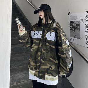 美式高街字母刺绣迷彩棒球服外套复古立领夹克男女102B-JK1217P75图片