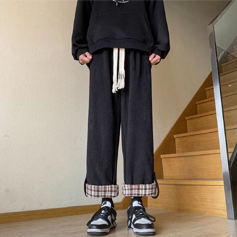 秋2025灯芯绒格子翻边阔腿裤韩版宽松直筒裤102B-K4053P48加绒F55,男装卫衣,星座102B
