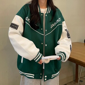 复古绿色棒球服设计感oversize潮高街美式外套女102B-W8001P75图片