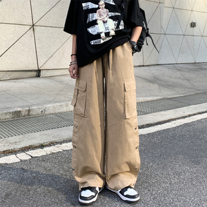 水洗棉贴袋工装休闲排扣裤宽松直筒机能纽扣长裤男女102B-K165P58图片