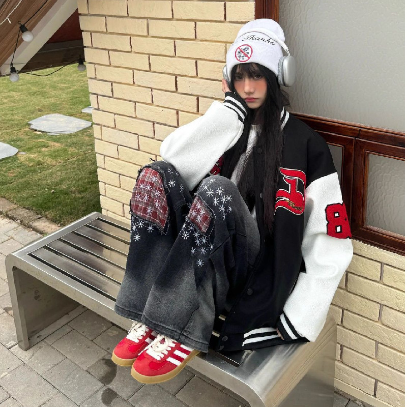 美式复古蛇印花棒球服夹克宽松拼接皮袖外套ins潮102B-JK5215P68,男装夹克,星座102B