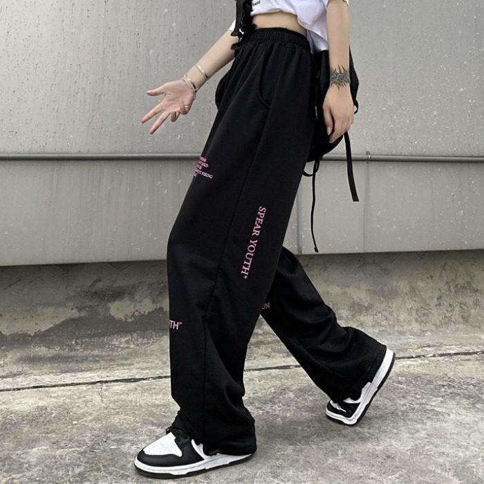 秋中性运动风黑粉文字抽绳束腿休闲裤男女拖地裤潮102B-K9071P50图片