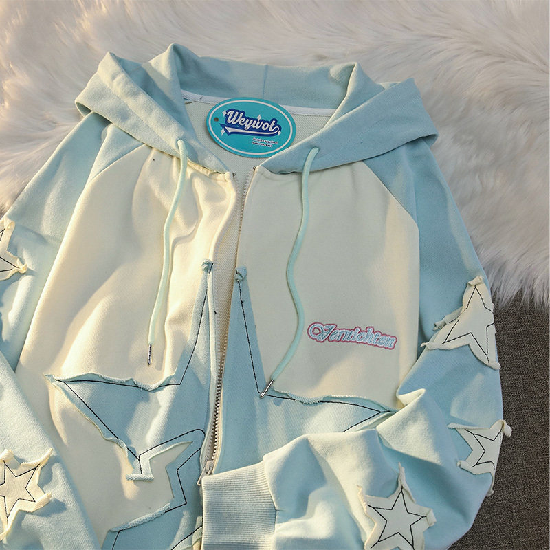 新氧棉印花日系星星绣花开衫卫衣男女秋季宽松外套102B-W232P65,男装卫衣,星座102B