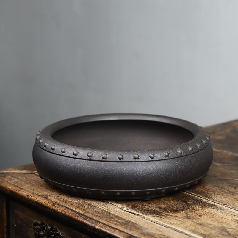 精品紫砂盆景花盆程良正古铜泥鼓钉浅圆形黄杨老桩石榴金弹子古典