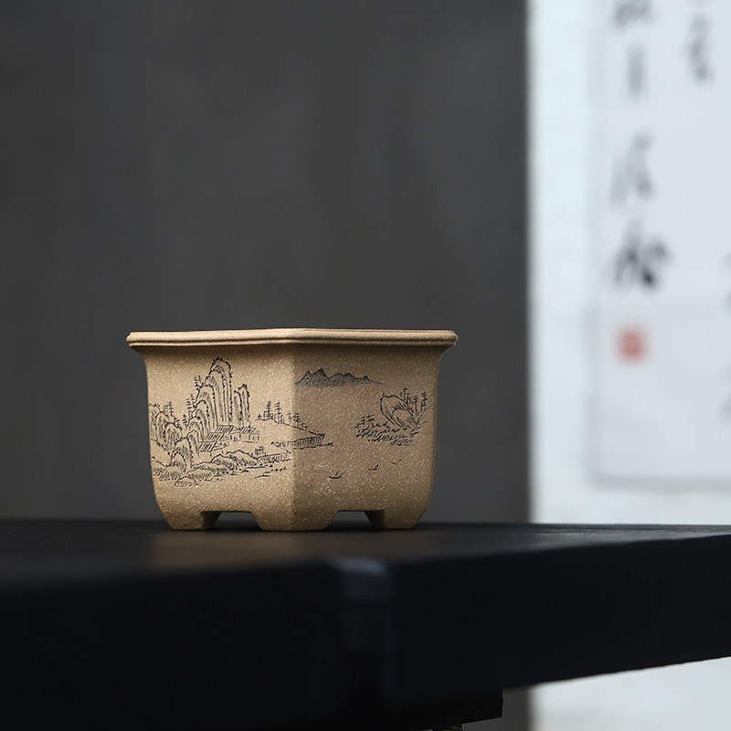 应小清紫砂花盆宜兴精品收藏刻绘菖蒲多肉微型盆景小桩桌面植物盆