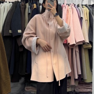 韩国东大门袖口蕾丝立领短款双面羊绒大衣女韩版宽松显瘦呢子外套