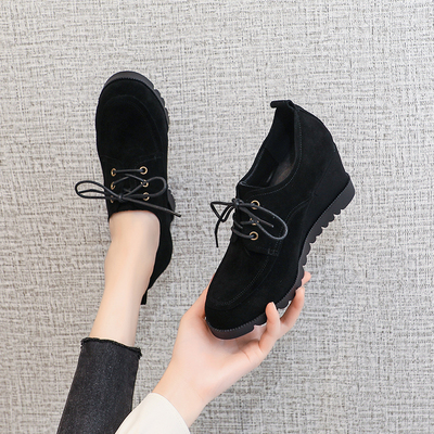 内增高女鞋坡跟单鞋真皮休闲系带