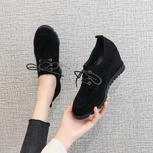 内增高女鞋坡跟单鞋真皮休闲系带