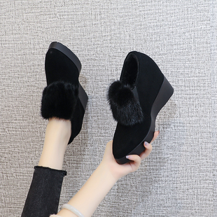 子厚底高跟毛毛鞋 加绒坡跟棉鞋 女冬外穿 10公分秋冬新款 内增高女鞋