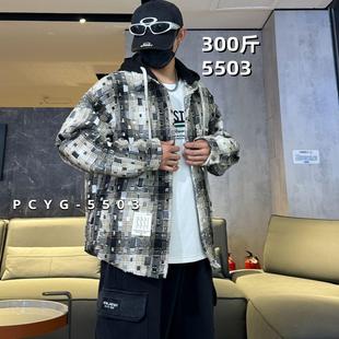 加肥加大码格子衬衫燕尾棉烧花工艺男装春秋季长袖300斤外套夹克