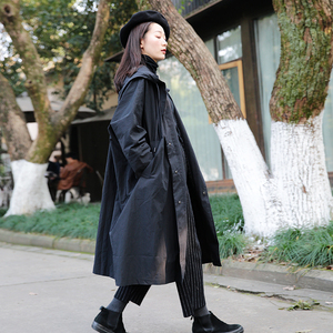 自制文艺旅行黑连帽风衣中长款休闲棉麻宽松大码蝙蝠袖外套女木喜