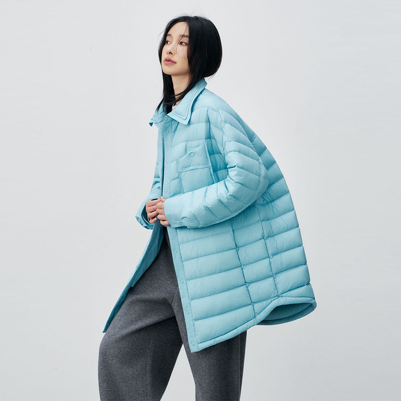 2025新款90白鸭绒中长款轻薄羽绒服糖果色排骨款翻领宽松外套