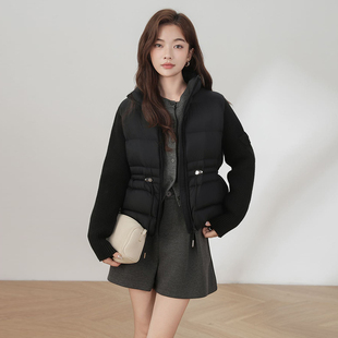 可溯源2025新款90白鸭绒羽绒服女中长款针织袖子拼接立领韩版外套