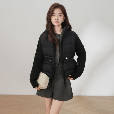 可溯源2025新款90白鸭绒羽绒服女中长款针织袖子拼接立领韩版外套