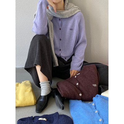 江左 韩系egg纯色长袖毛衣开衫女秋季羊毛刺绣百搭长袖上衣