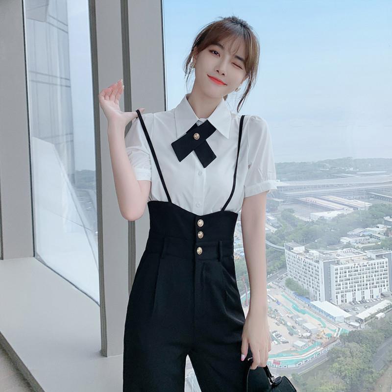 背带裤套装女2025年春夏新款显瘦短袖衬衫阔腿长裤洋气减龄两件套