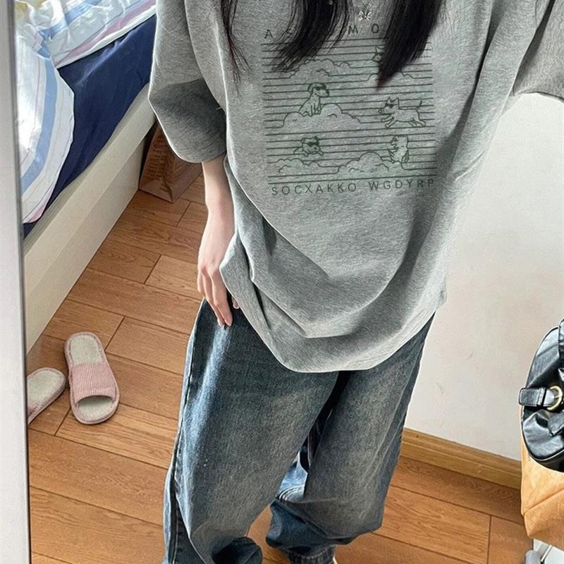 大码灰色纯棉宽松正肩显瘦短袖t恤女2025年新款夏装情侣圆领上衣