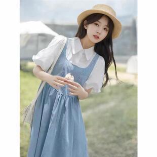 泡泡袖牛仔连衣裙女装夏季2025小清新减龄假两件套装少女背带裙子