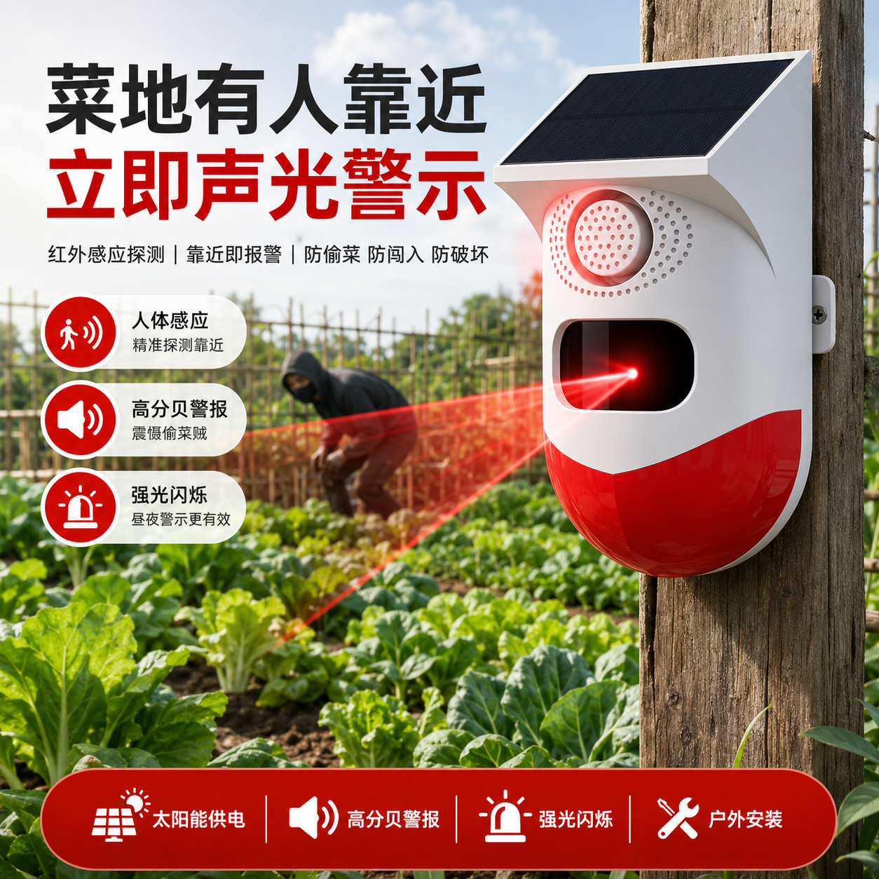 博礼视太阳能红外菜园防盗报警器