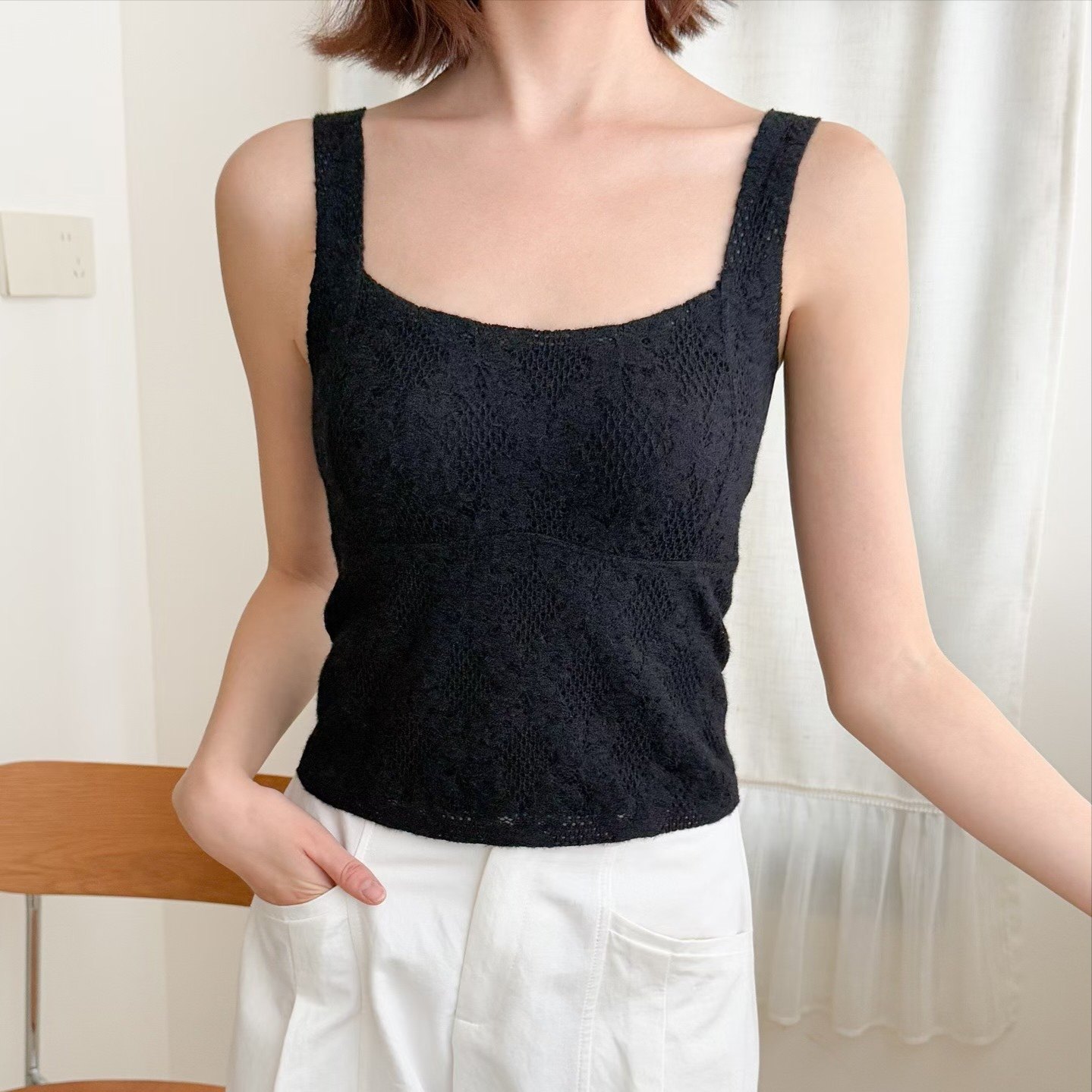 镂空勾花羽毛纱磨毛背心25282保暖女免穿文胸蝴蝶蕾丝修身内衣