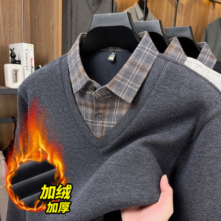毛衣男款秋冬季衬衫领加厚保暖加绒假两件针织衫男士秋冬格子