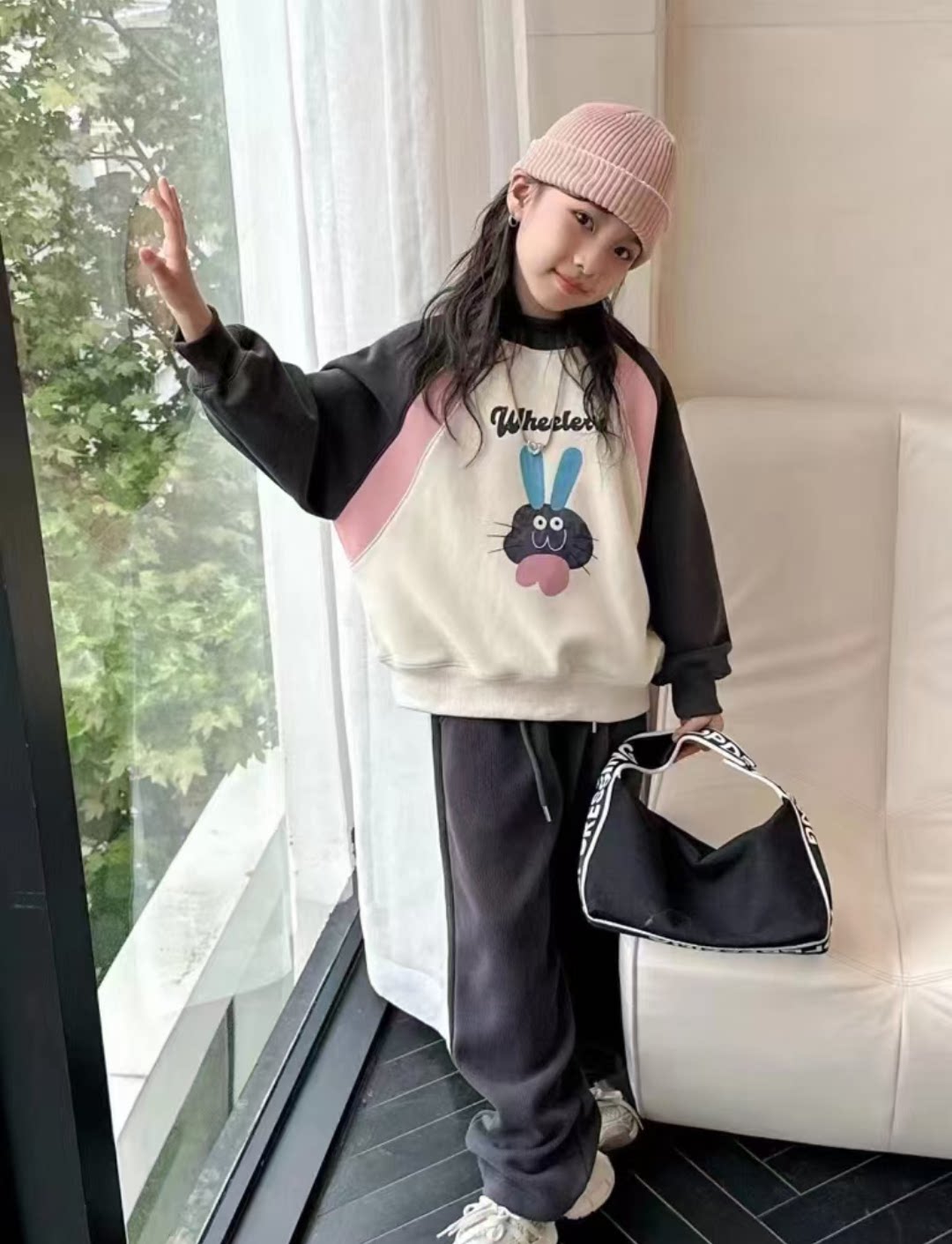 2024新款女童加绒加厚兔子拼套装