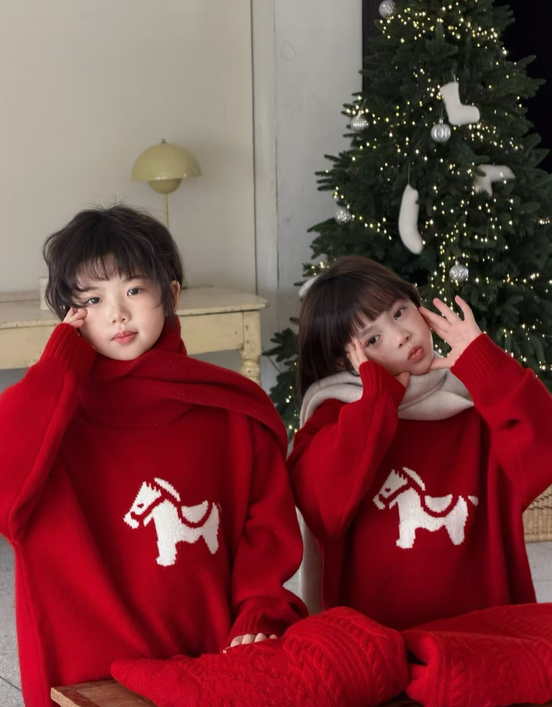 女童红色毛衣秋冬新款儿童加厚针织衫中大童洋气上衣新年装拜年服