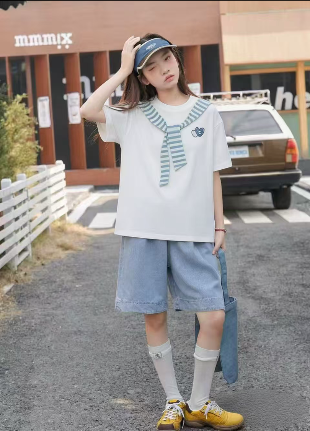 女童爱心披肩T恤牛仔裤套装夏季2026新款中大童短袖洋气休闲套装