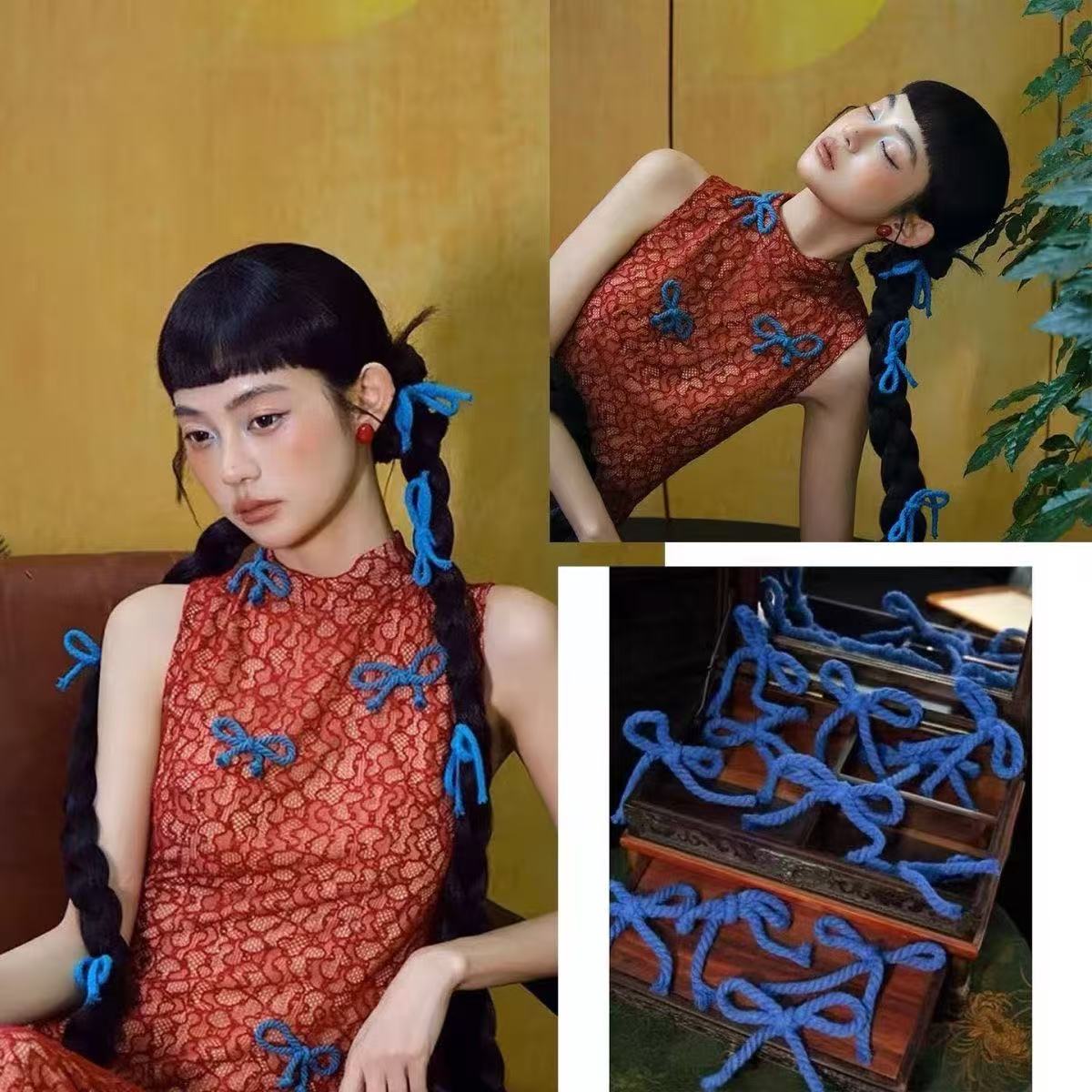 君心家 U3个性新娘小众蓝色粗绳蝴蝶结发夹新娘饰品