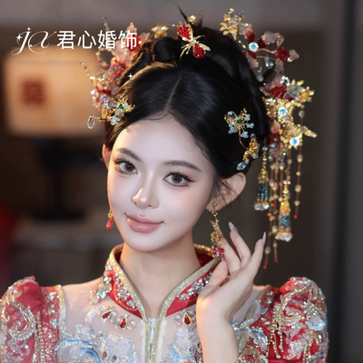 君心家 3306金红水晶流苏发钗十一件套新娘中式秀禾百搭头饰