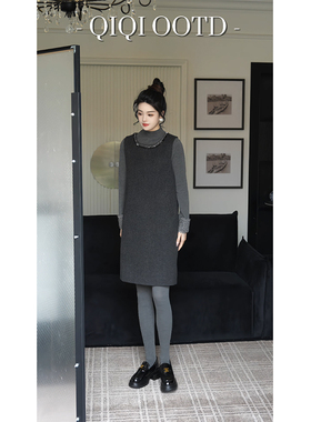 柒院家私服大码小香风设计感圆领背心连衣裙冬轻奢遮肉显瘦中长裙