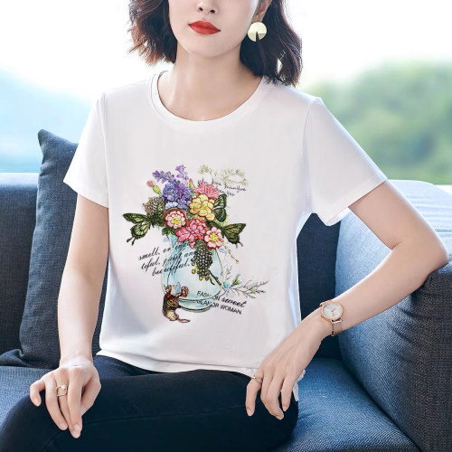 重工纯棉刺绣花T恤女 夏新款大码宽松洋气中年妈妈装短袖衬衫体恤