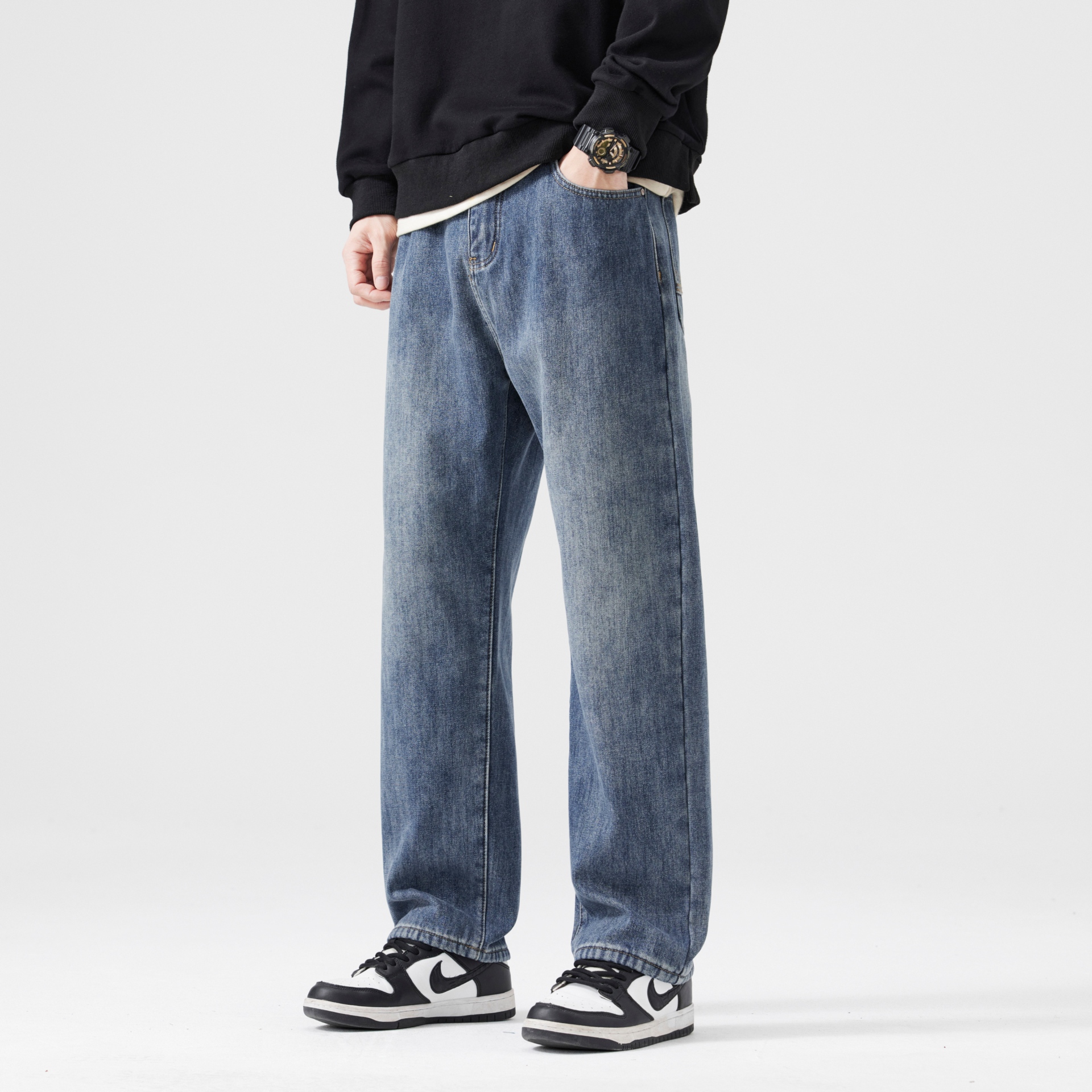 PANPASS冬季加绒牛仔裤男士宽松直筒阔腿男裤耐磨加厚带绒长裤子