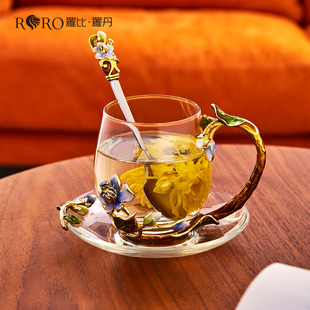 创意玻璃杯女生花茶杯教师节礼物 罗比罗丹珐琅彩水杯家用网红ins