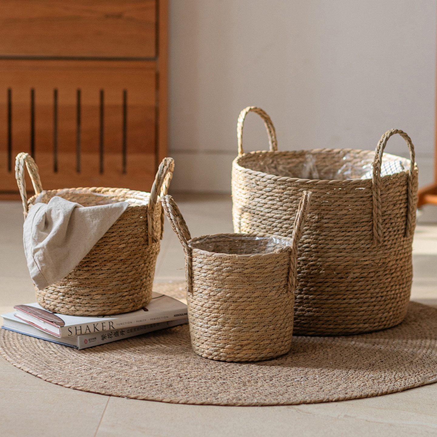 北欧简约草编花盆藤编花篮大型落地龟背南天竹家用阳台绿植盆装饰