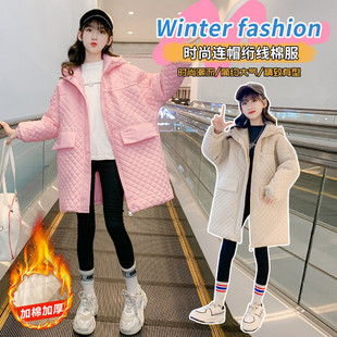 韩国女童冬装 加厚保暖外套 中大童时髦休闲网红连帽棉服女孩中长款