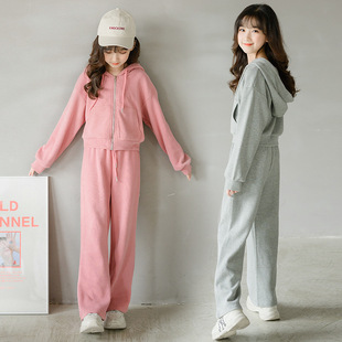 韩国女童冬季 女孩亲子洋气两件套装 时髦加厚中大儿童运动外套长裤