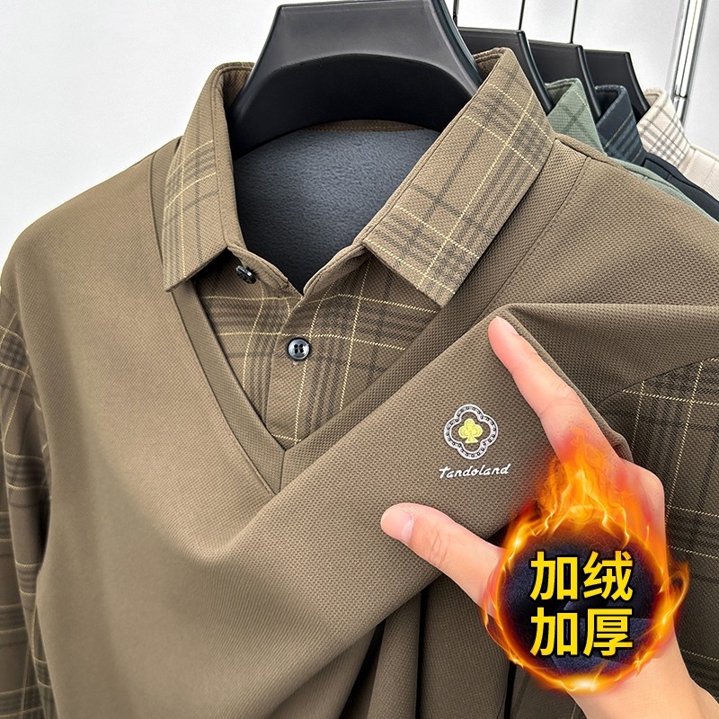 2025新款保罗男士假两件毛衣冬季加绒加厚休闲商务衬衫领上衣男款