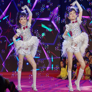 儿童爵士舞演出服女童现代舞街舞表演服装亮片羽毛燕尾裙幼儿走秀