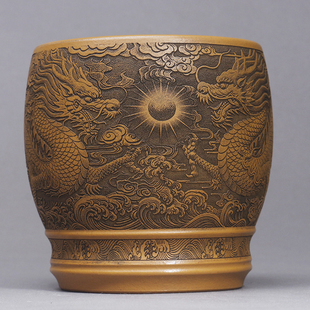 宜兴紫砂杯纯全手工主人杯原矿黄段泥刻绘双龙戏珠杯大容量品茗杯