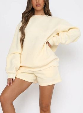 2025亚马逊春秋外贸女装新款 纯色宽松百搭休闲圆领卫衣短裤套装