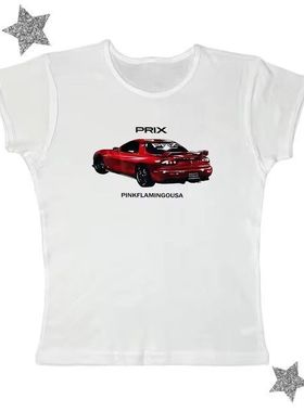 MoKie跨境新款汽车印花 朋克风仙女风短裤上衣显瘦修身辣妹印花t