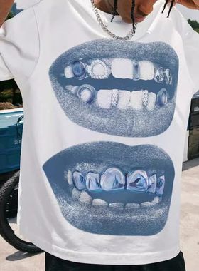 MoKie牙钻嘴巴潮牌短袖宽松嘻哈街头休闲情侣T恤趣味创意TEE男装