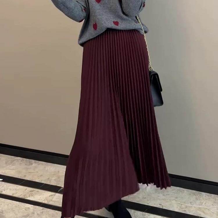 红色半身裙女春秋冬2024新款垂感小个子气质高腰a字百褶裙