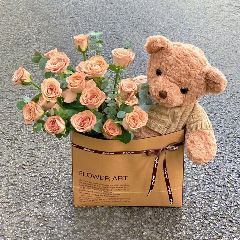 英文抱抱袋正方形卡布奇诺鲜花花束包装袋手提袋网红礼物袋礼品袋