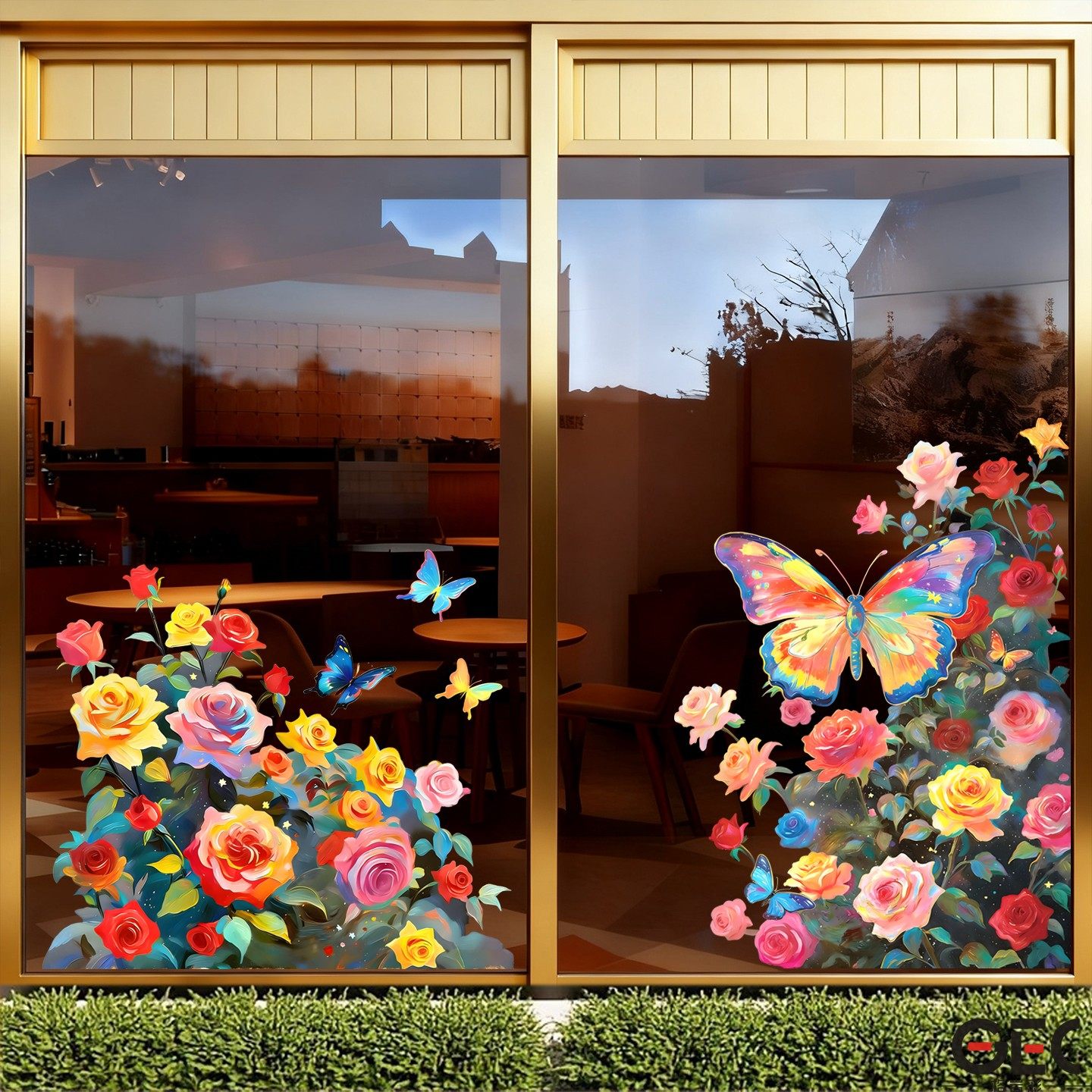 多彩浪漫玫瑰花蝴蝶玻璃静电遮丑贴画商场服装店美容店情人节布置,家居饰品,软装墙贴,淘宝优惠券,粉丝福利购,淘宝优惠卷