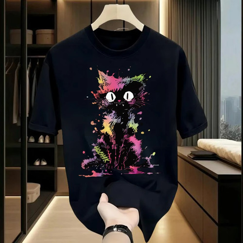 海外订单尾货~剪标撤回外贸猫咪卡通印花纯棉短袖t恤男女潮牌上衣